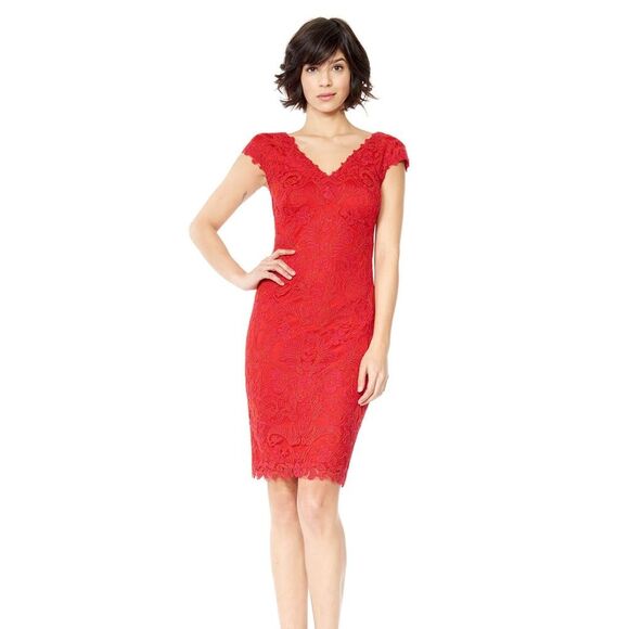 Tadashi Shoji 3K896MX Embroidered Lace V-Neck Dress Red Sheath Scallop - Picture 1 of 9
